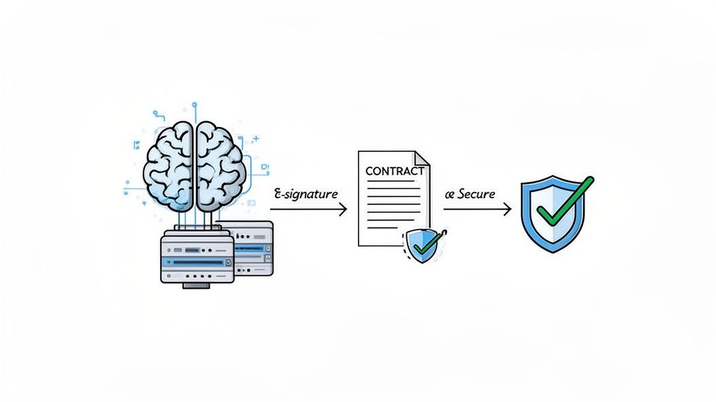 Digital brain connected to servers performs an e-signature on a contract, ensuring secure data processing.