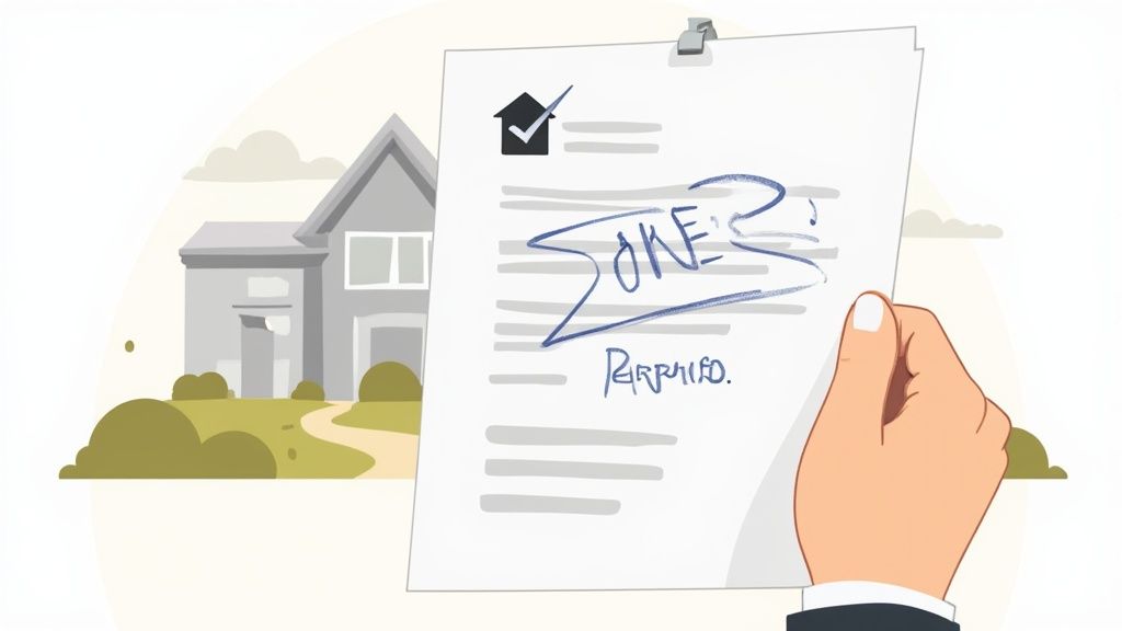 A hand holds a document with a house icon, checkmark, and signature, symbolizing a property transaction.