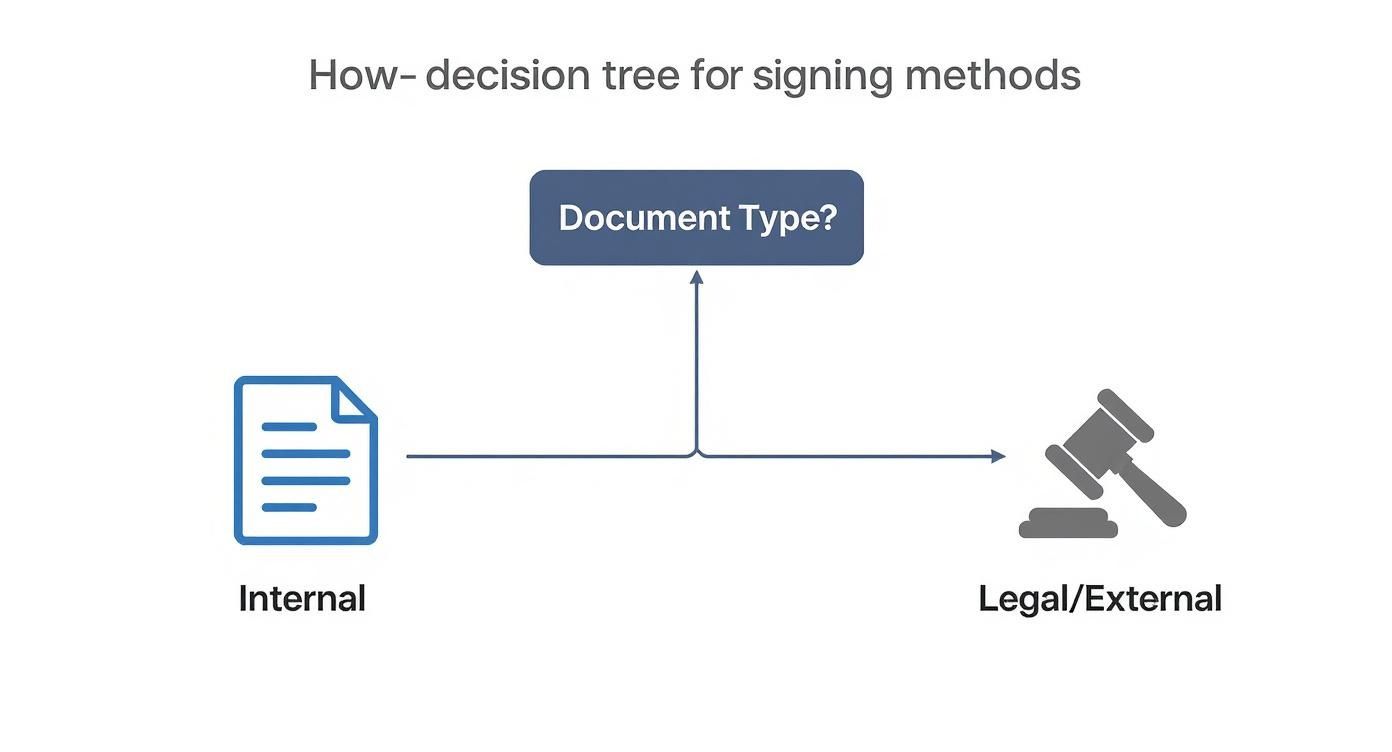Decision tree flowchart showing document type options for internal versus legal external signing methods
