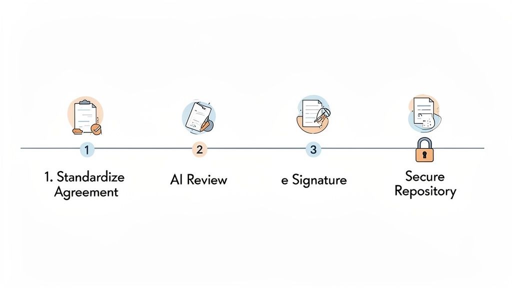 Four-step illustrated workflow for agreement management, including AI review and e-signature.