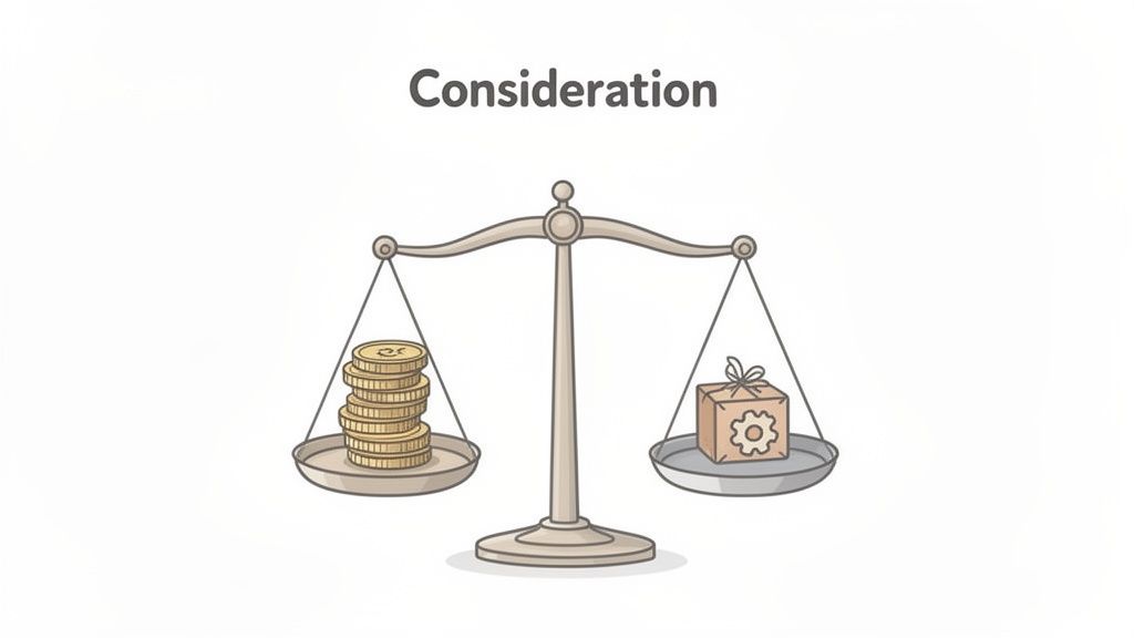 A balanced scale weighing a stack of coins against a gift box with a gear, illustrating consideration.