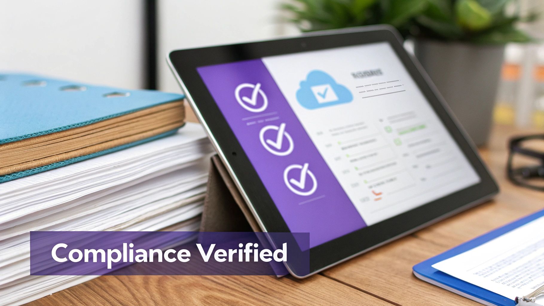 A tablet displaying a digital compliance checklist with green checkmarks on a desk with documents, signifying verification.