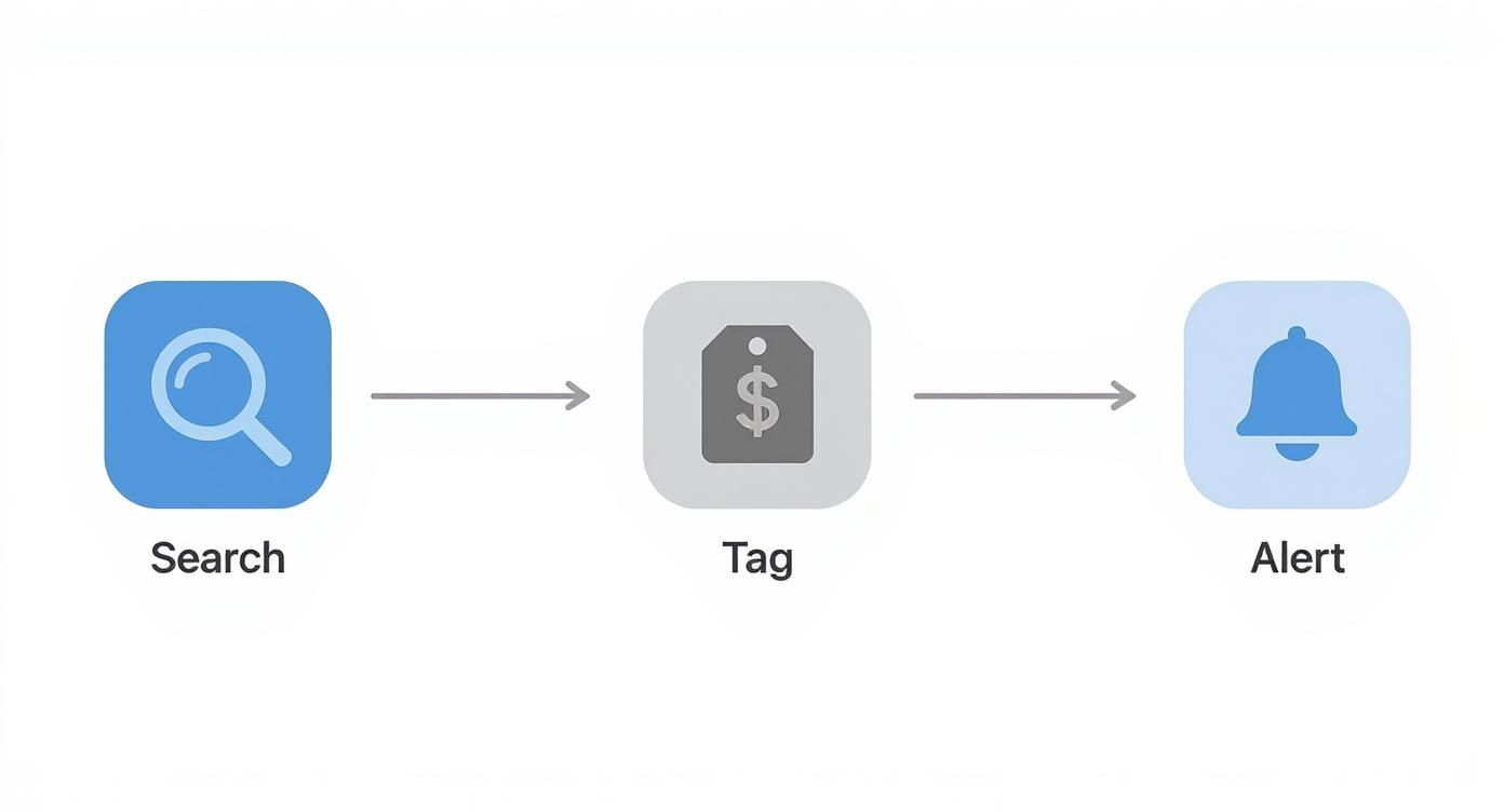 A three-step workflow diagram: Search icon, followed by a Tag (price) icon, then an Alert (bell) icon.