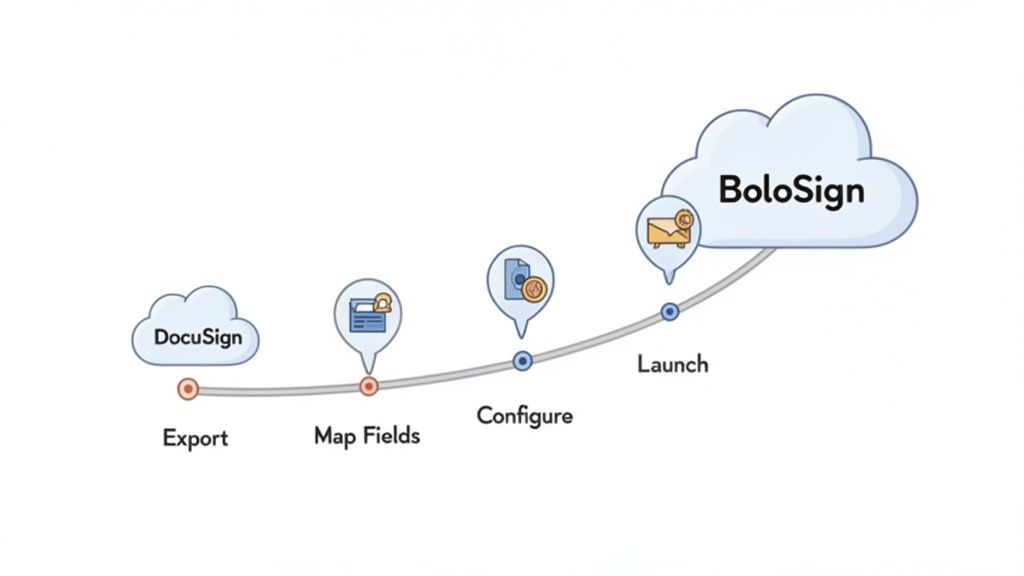 A diagram shows steps from DocuSign to BoloSign cloud, including export, map fields, configure, and launch.