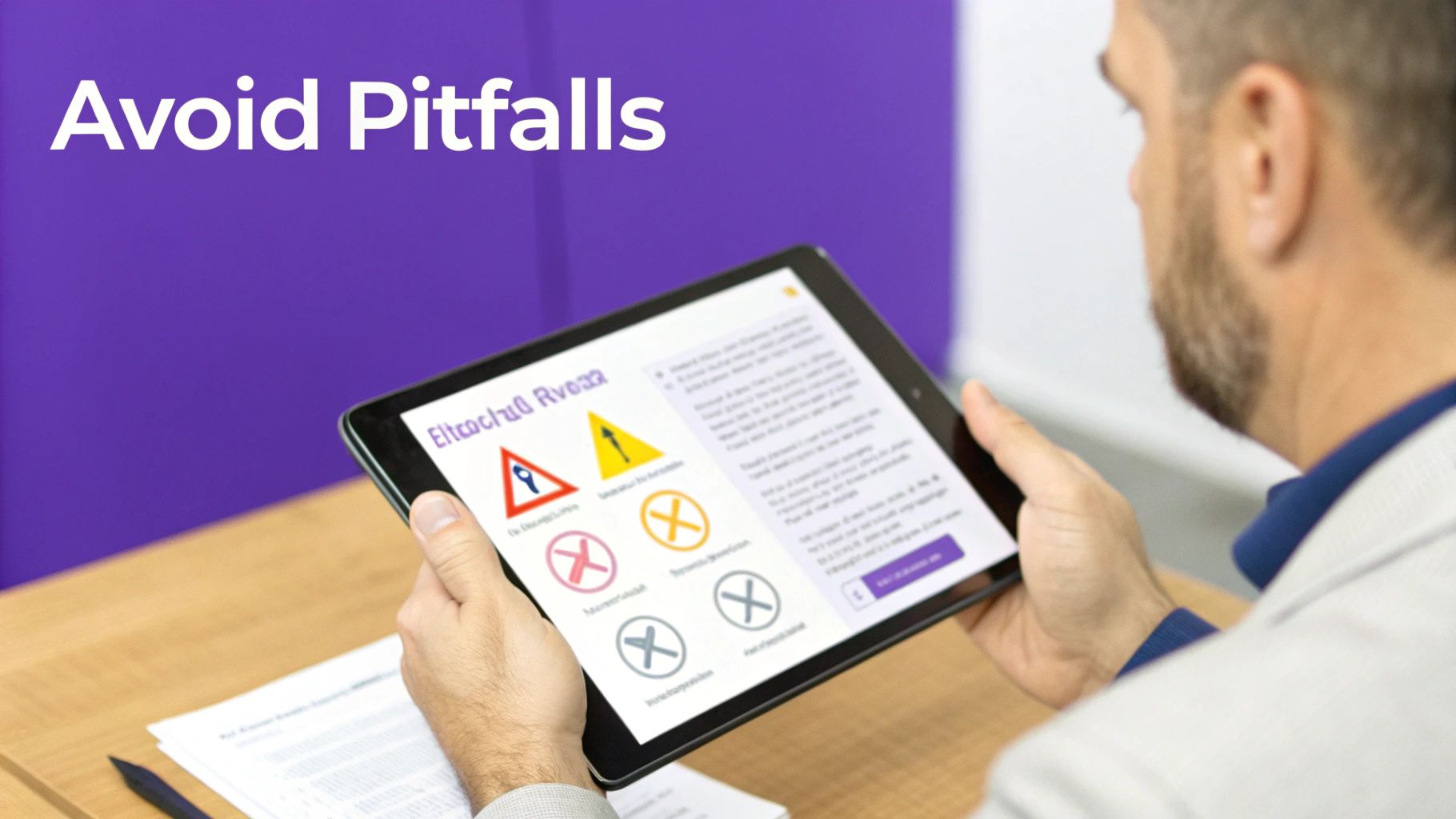 A man holds a tablet displaying road signs and educational content, with 'Avoid Pitfalls' text on a purple background.
