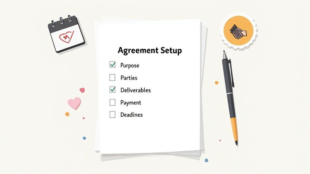 A document titled 'Agreement Setup' with a checklist, a calendar, a pen, and a handshake icon.