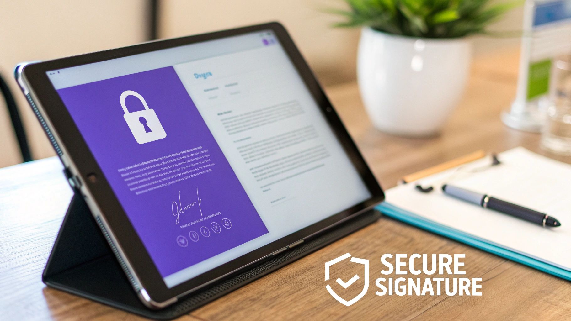 A tablet displays a secure digital signature page with a padlock, signature, and text on a wooden desk.