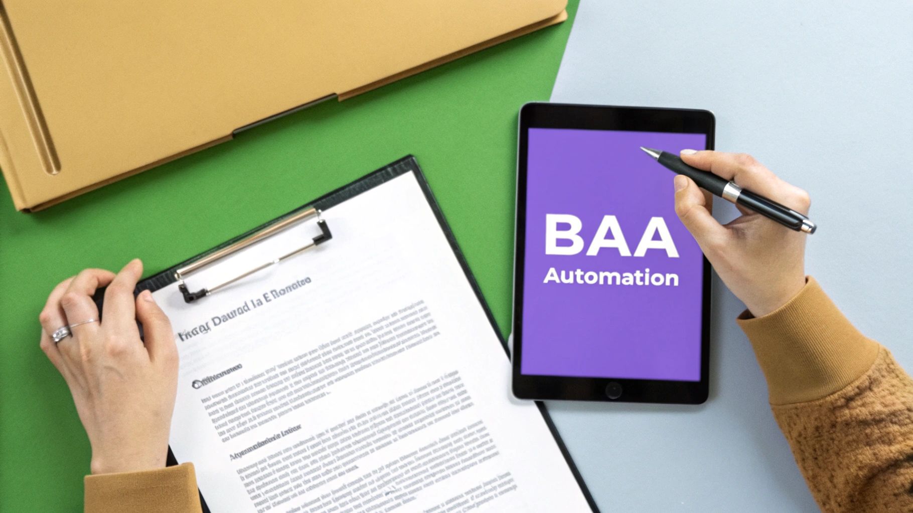 Person interacting with a tablet displaying 'BAA Automation' and holding a document on a clipboard.