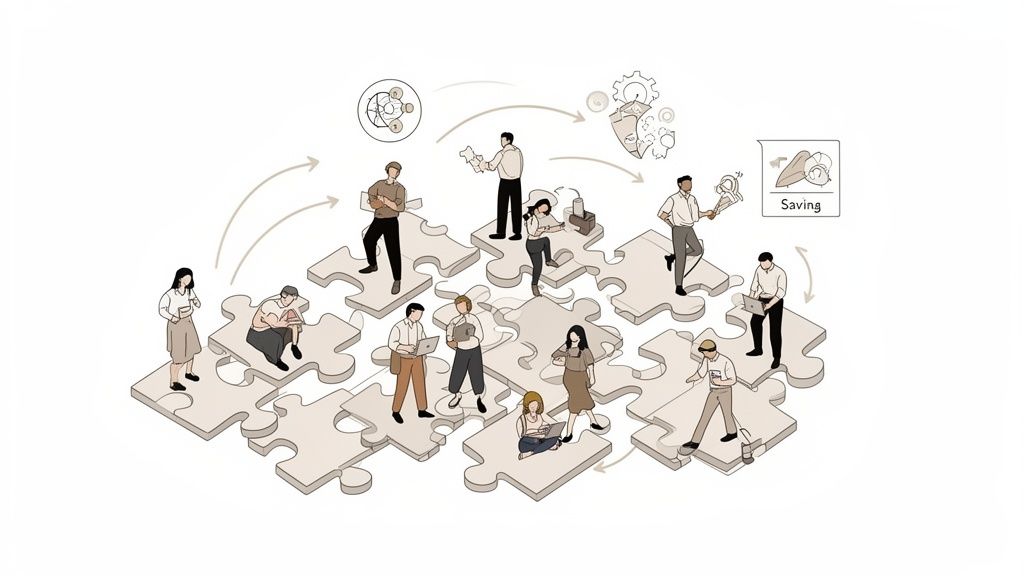 Diverse group of people collaborating on a large puzzle structure, symbolizing teamwork and strategy.