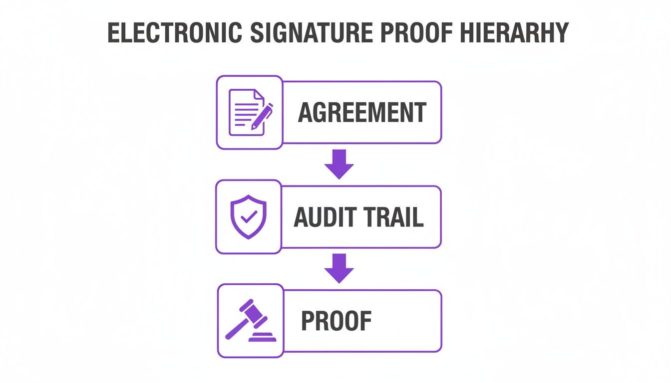 Diagram illustrates the electronic signature proof hierarchy: Agreement, Audit Trail, and final Proof stages.