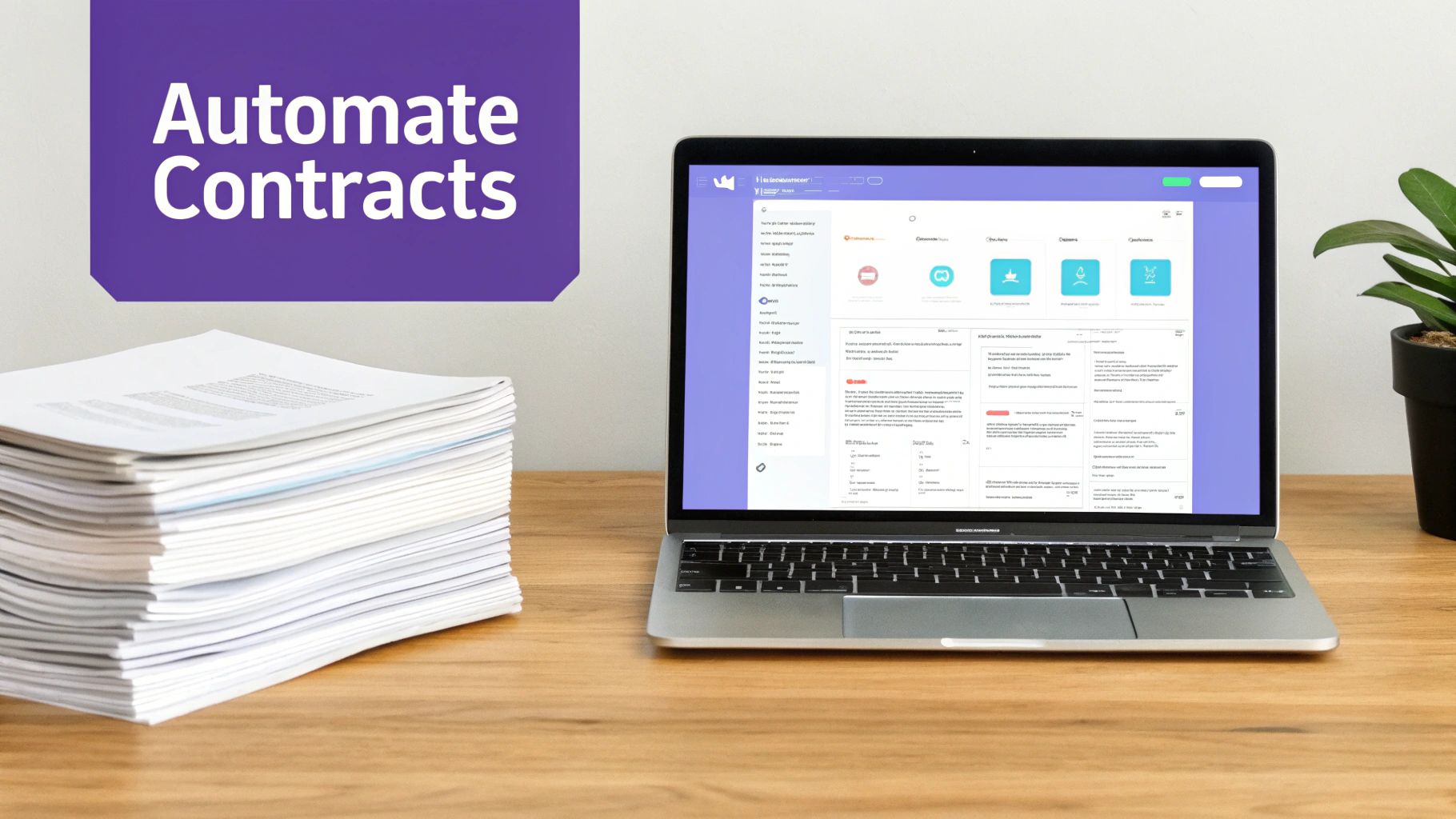 A large stack of paper documents next to a laptop displaying contract automation software with text 'Automate Contracts'.