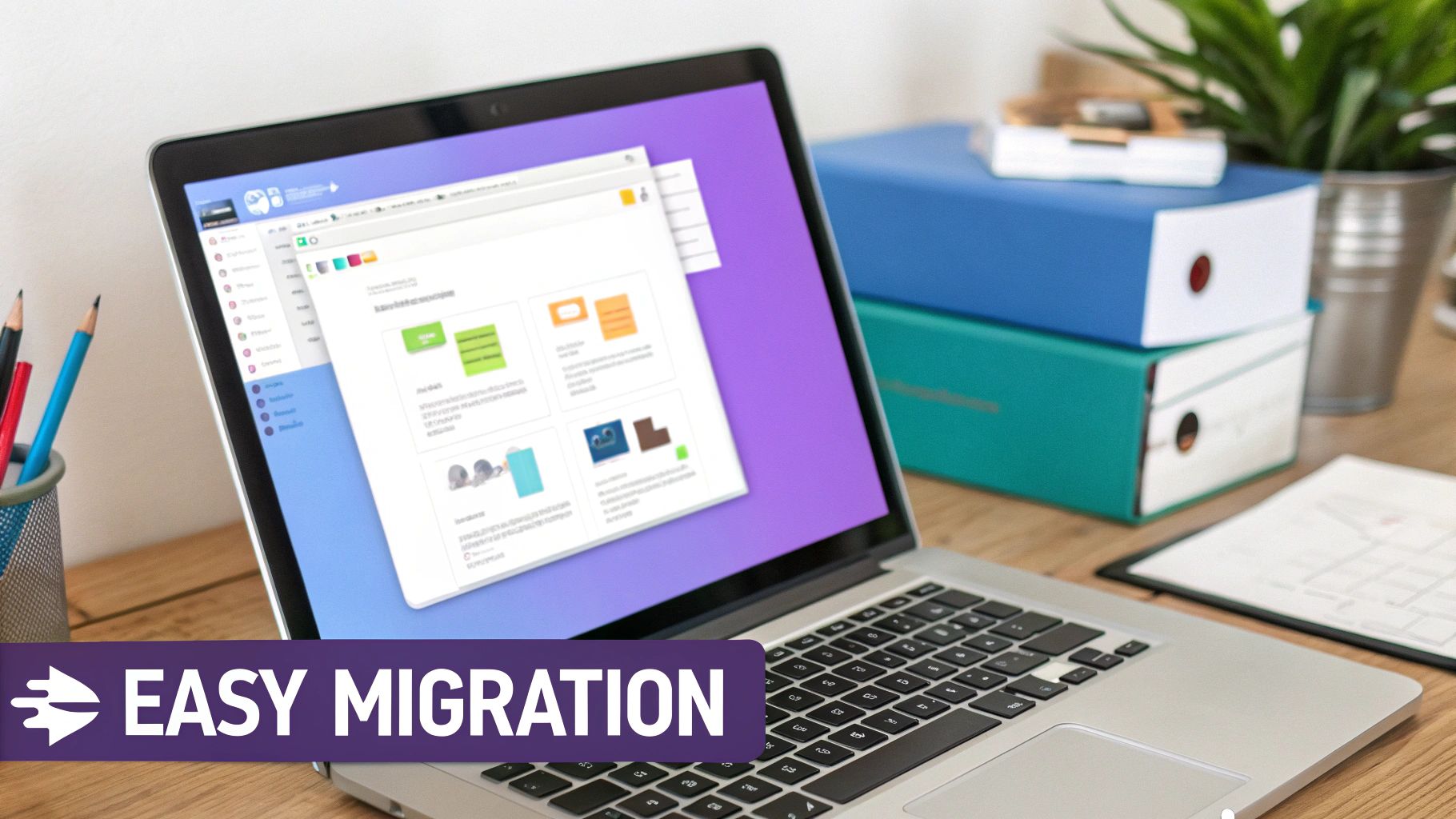 A laptop on a wooden desk displays a software interface for easy migration, surrounded by office supplies and a plant.