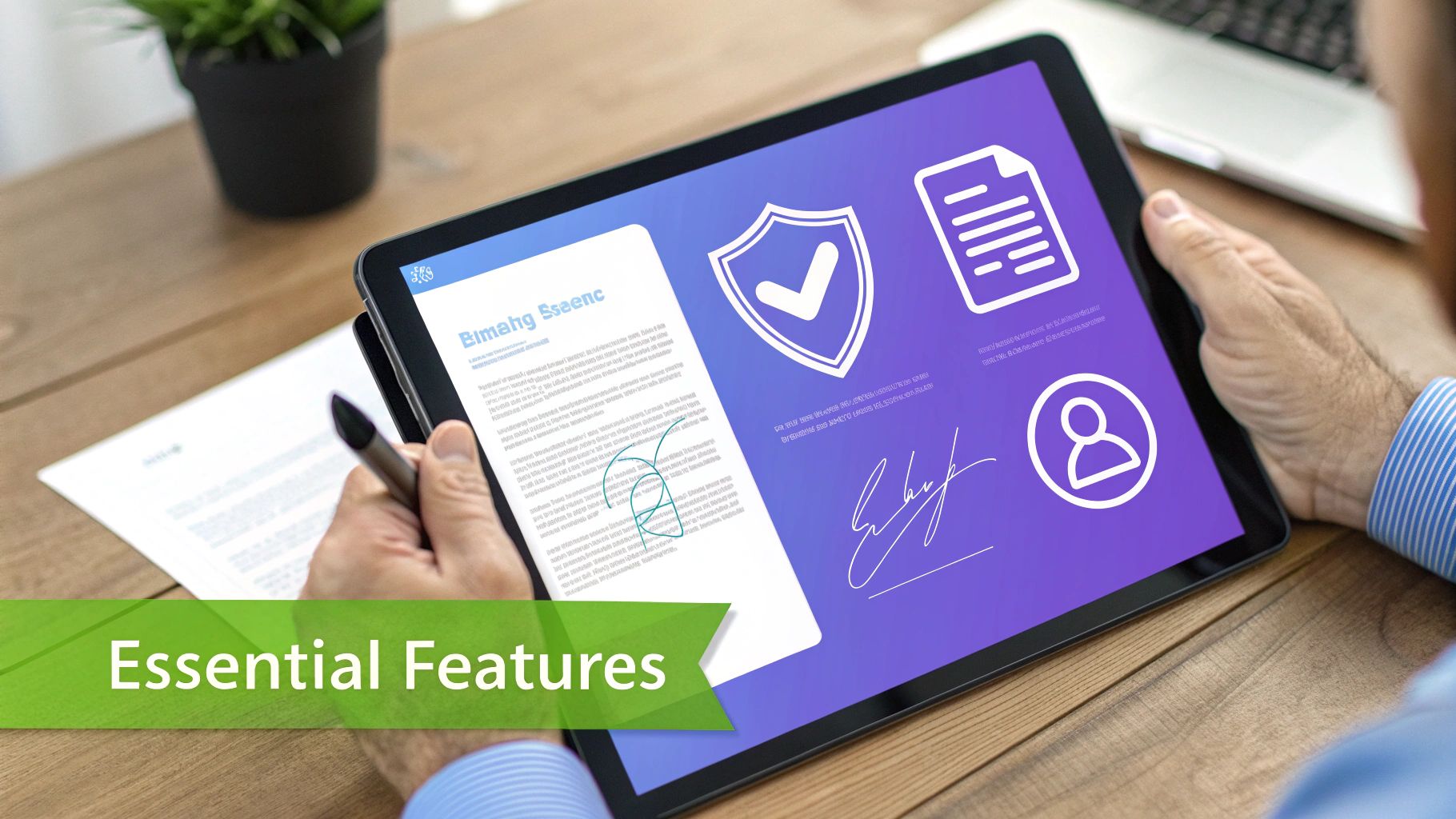 A person uses a tablet for e-signing documents, featuring security and user icons.