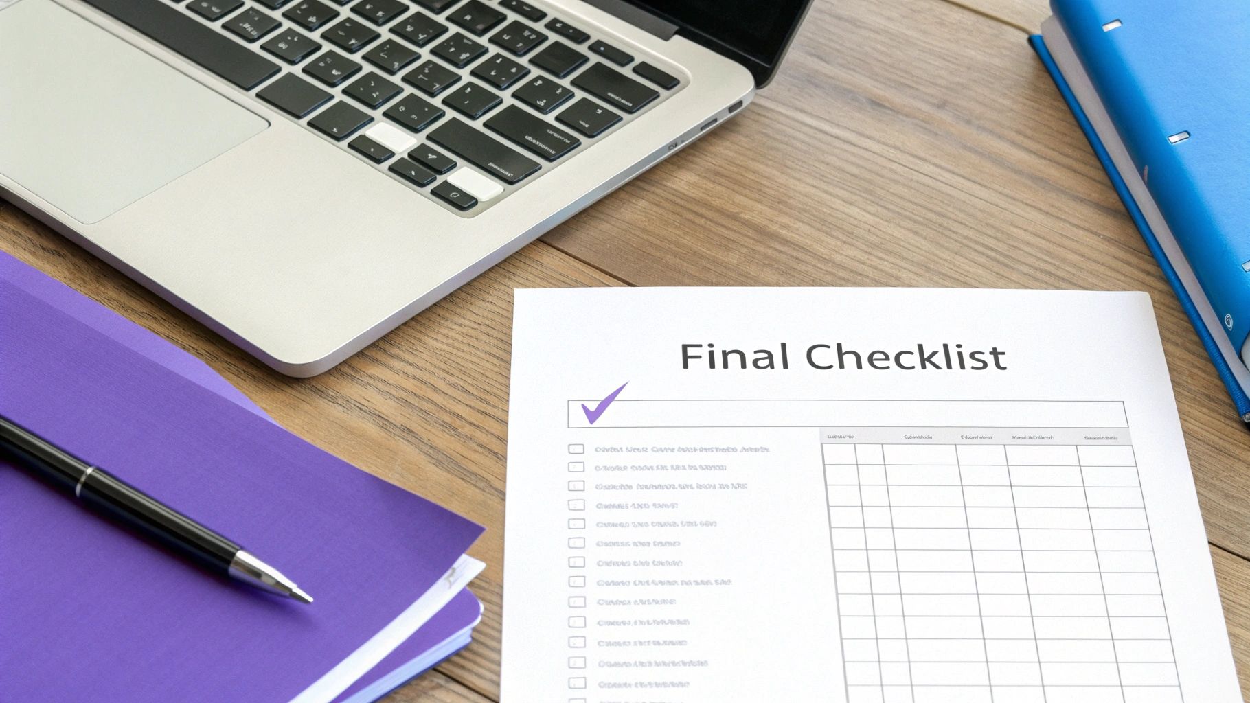 An overhead view of a modern office desk with a laptop, notebooks, and a final checklist.
