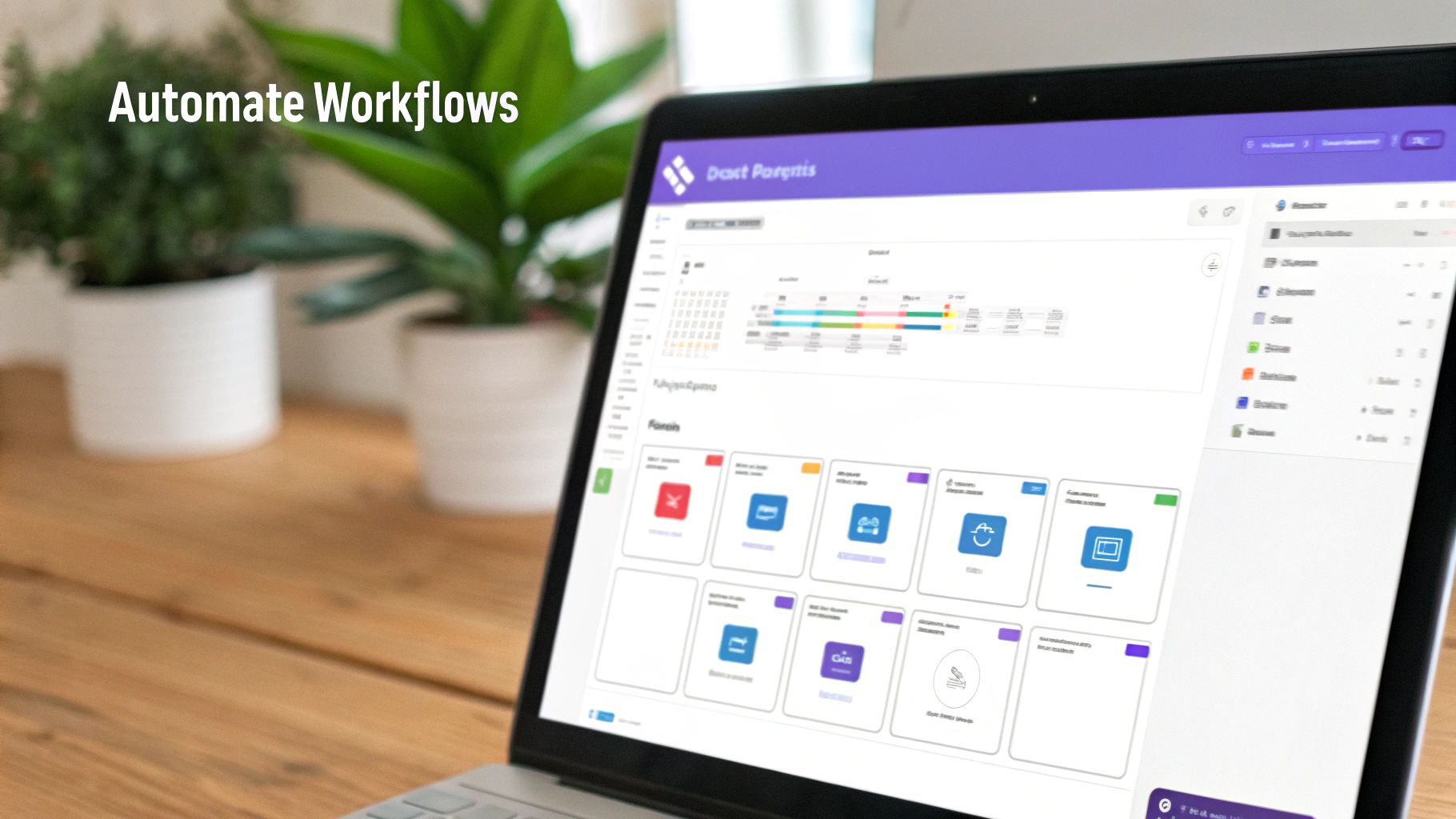 A laptop displays workflow automation software on a wooden desk, next to potted plants.