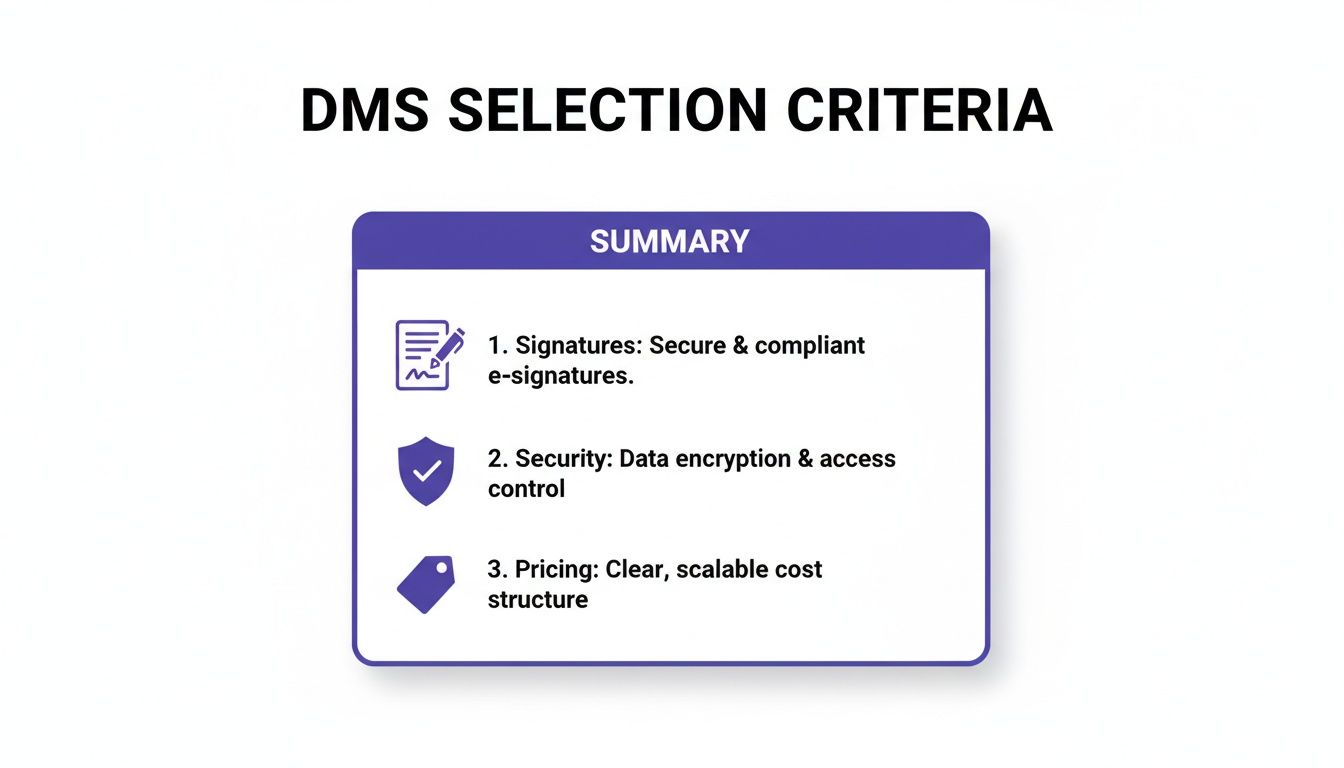 A summary graphic detailing DMS selection criteria, including secure e-signatures, data security, and clear pricing.