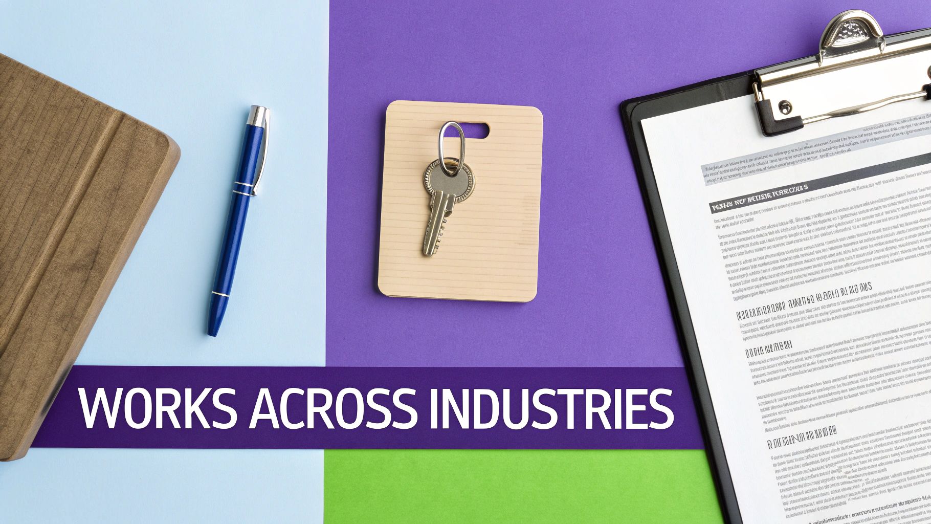 A flat lay of office items including a tablet, blue pen, key, and clipboard on a multi-colored background.