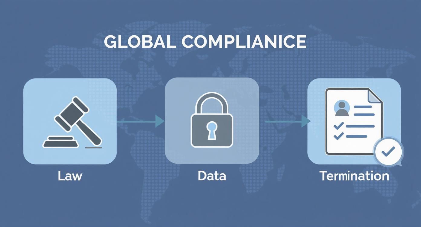 Flowchart showing global compliance process: Law, Data, and Termination, connected by arrows.