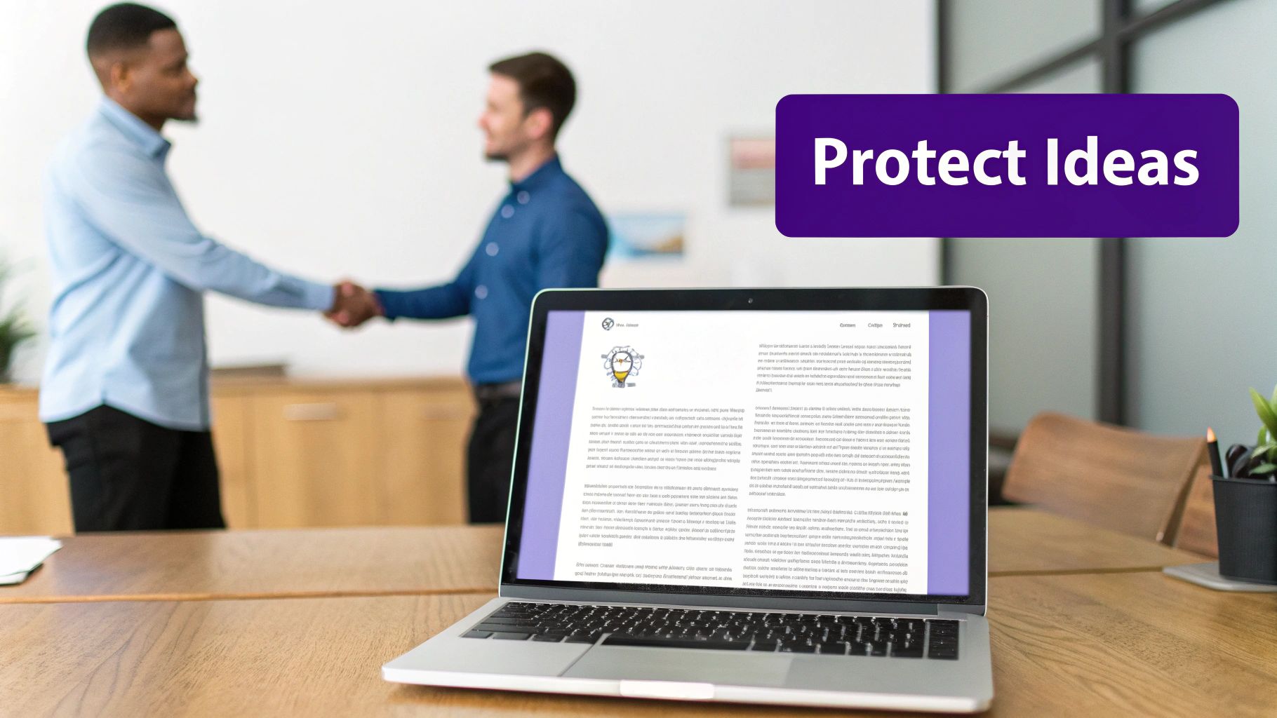 Two businessmen shake hands in an office, with a laptop displaying a document about protecting ideas.