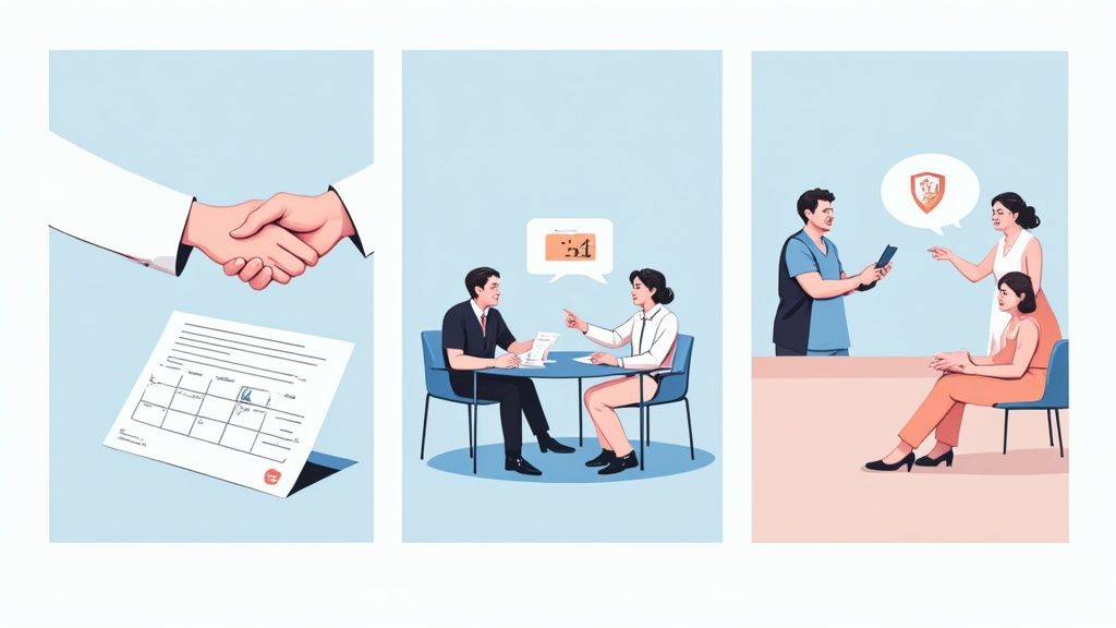 Three panels illustrate signing an agreement, discussing contract terms, and a healthcare professional advising a patient.