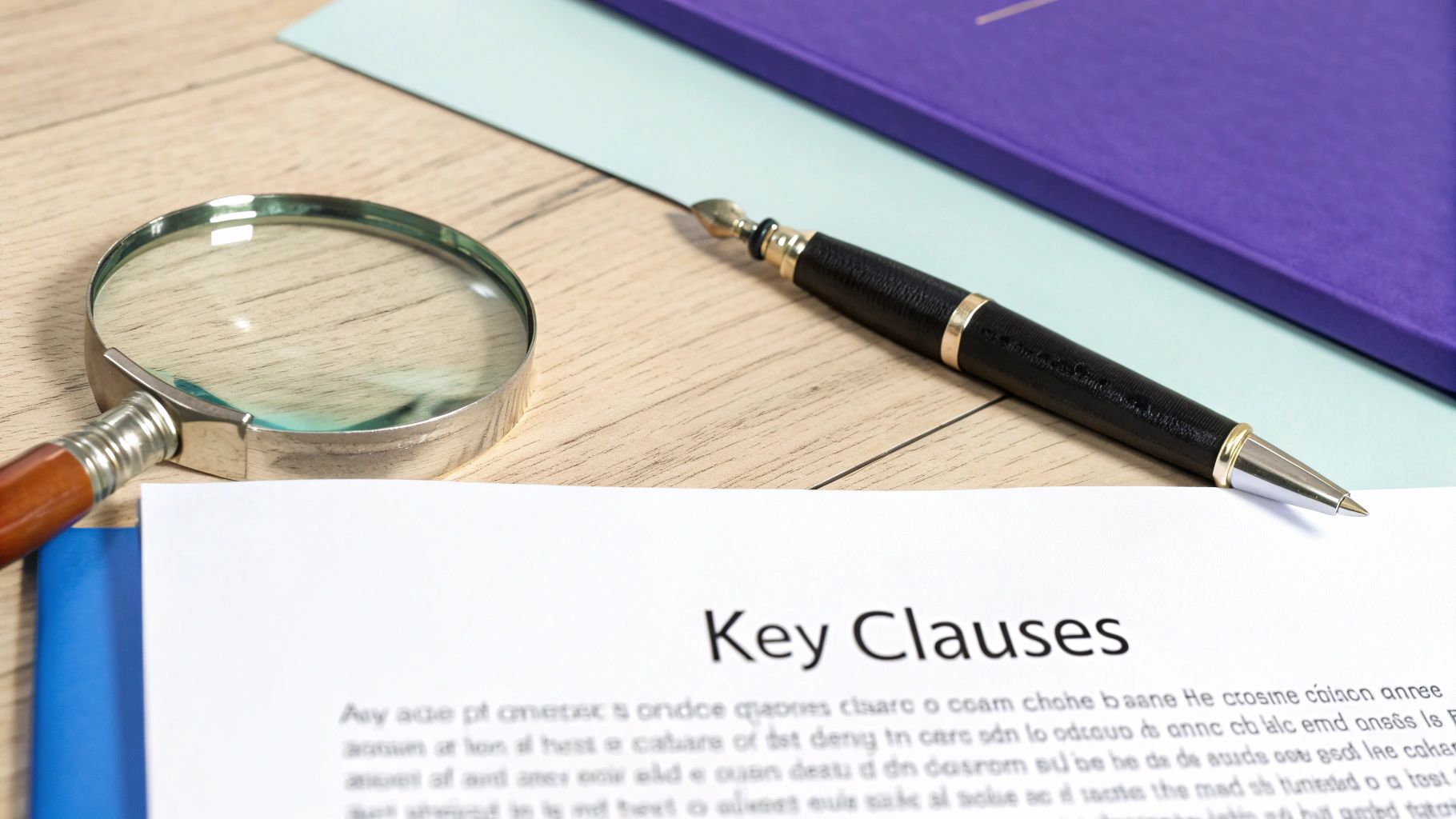 A magnifying glass, pen, and document titled 'Key Clauses' on a wooden desk, symbolizing contract review.