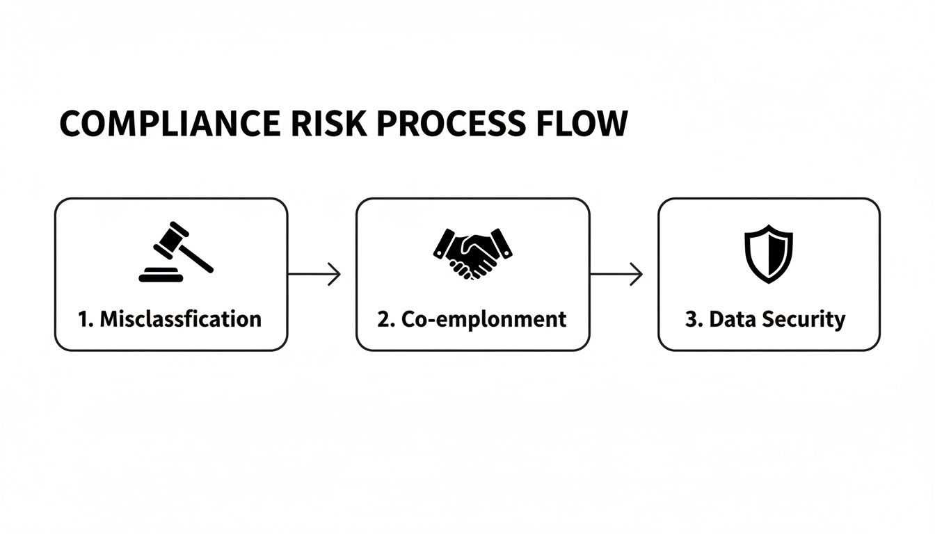 A compliance risk process flow chart showing steps: 1. Misclassification, 2. Co-employment, 3. Data Security.