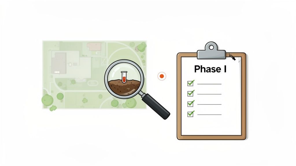 An illustration showing a map with a magnifying glass over a soil sample test tube, next to a 'Phase I' checklist.