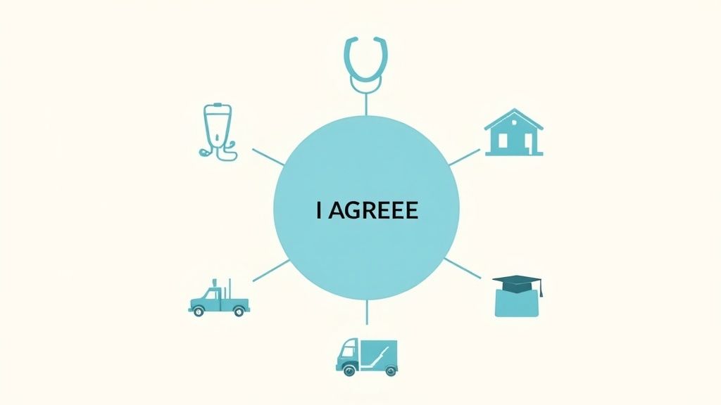 Central agreement circle surrounded by icons representing healthcare, housing, transportation, education, and lifestyle services