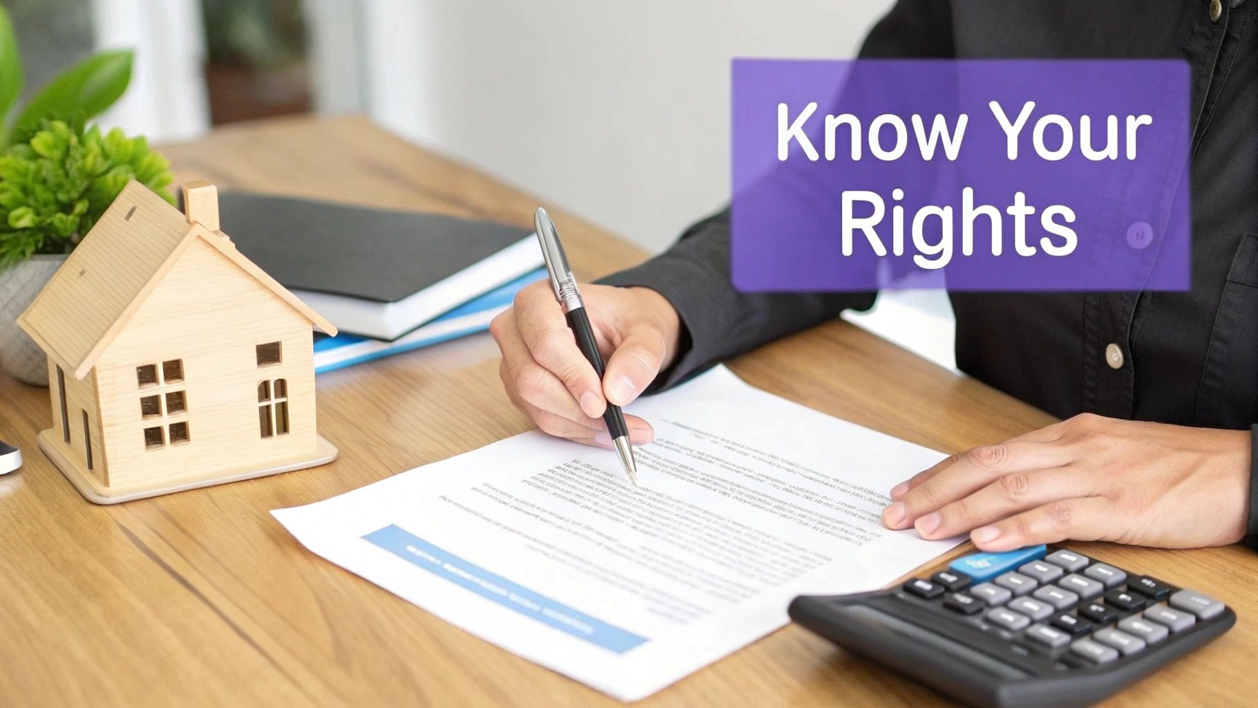 Person signing a legal document on a desk with a house model and calculator, with 'Know Your Rights' overlay.