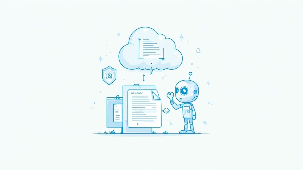 A blue robot manages digital documents, securely uploading them to a cloud server with a shield.