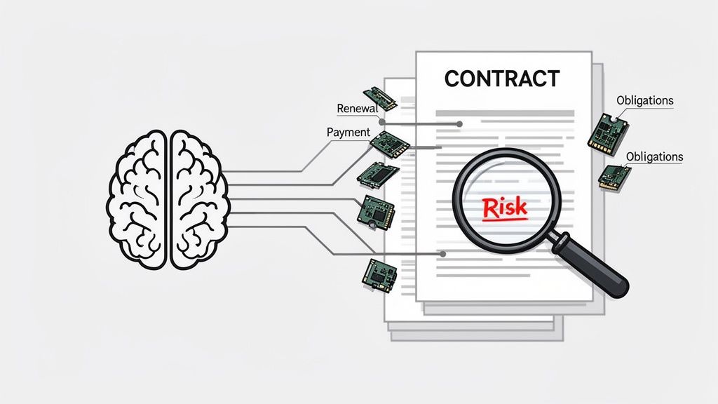 AI system processing a contract, identifying key elements like renewal, payment, obligations, and risk.