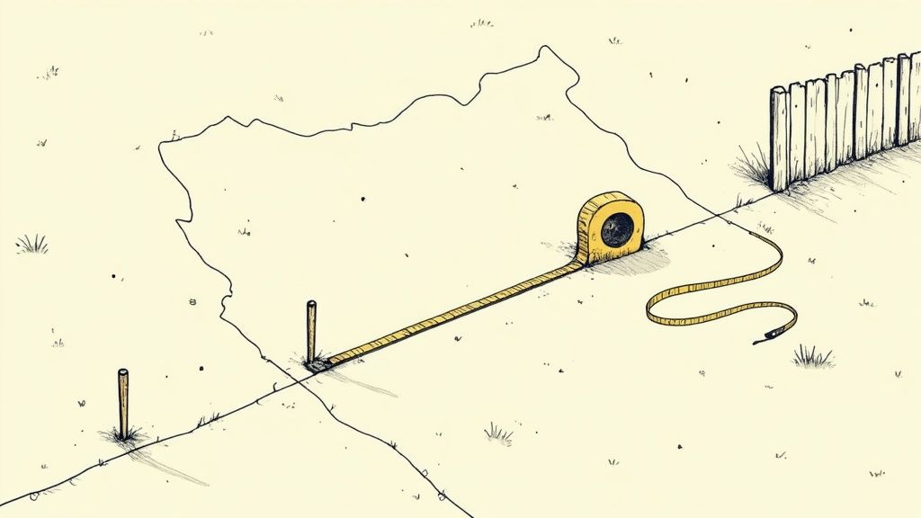 An illustration of a long yellow measuring tape unrolled across a field towards a wooden fence.