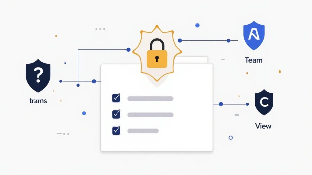 A diagram showing a secured document with a padlock, connected to teams and different views.