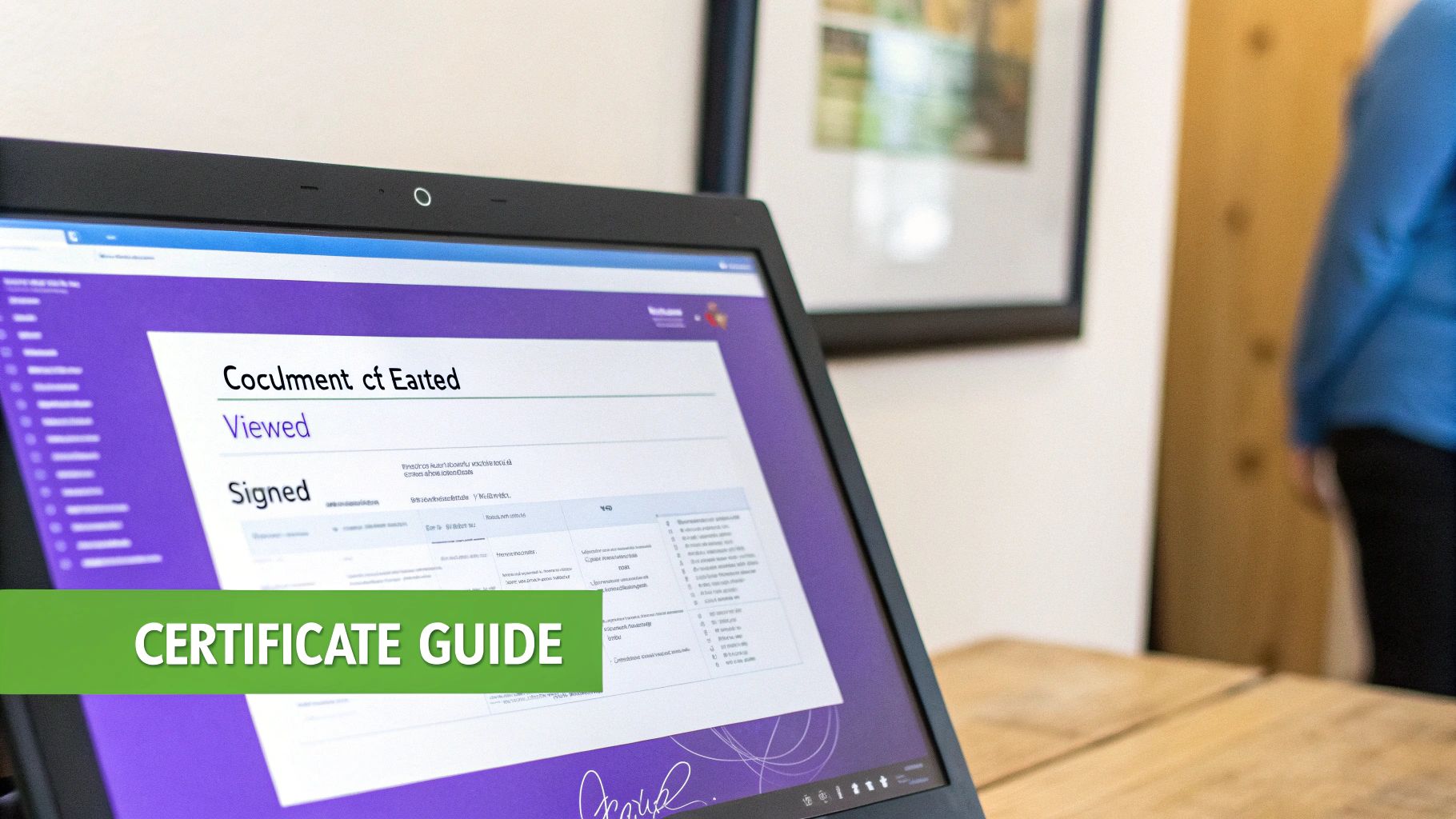 A laptop displays an electronic document with an audit trail showing 'Viewed' and 'Signed' statuses, and a 'CERTIFICATE GUIDE' banner.