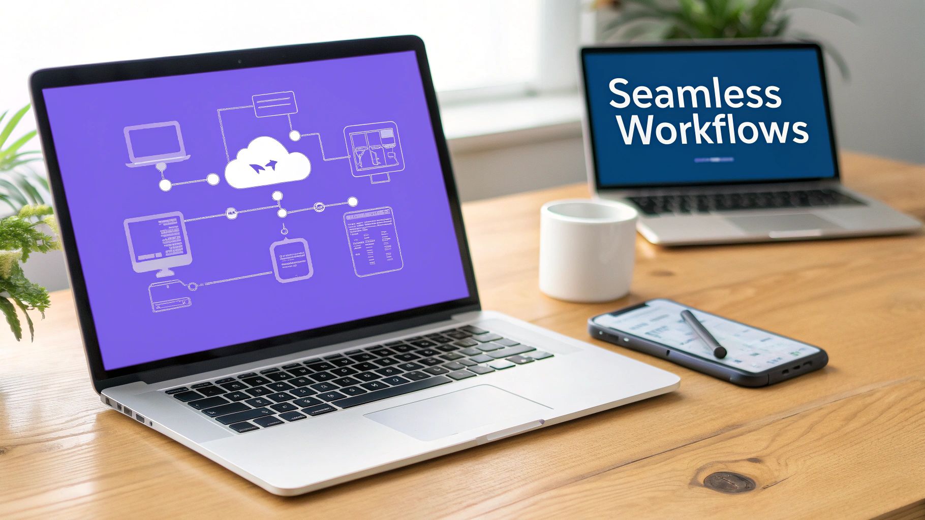 Laptops on a desk, one shows a cloud workflow diagram, the other displays 'Seamless Workflows'.
