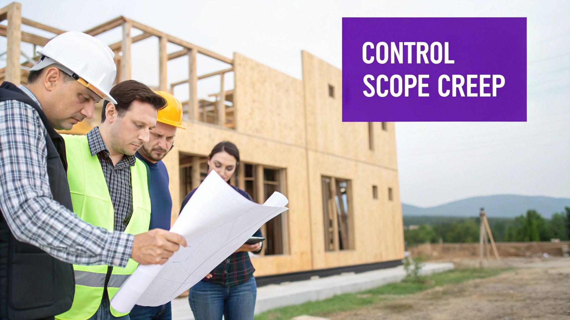 Construction team reviewing blueprints at a building site with a partially constructed wooden house.