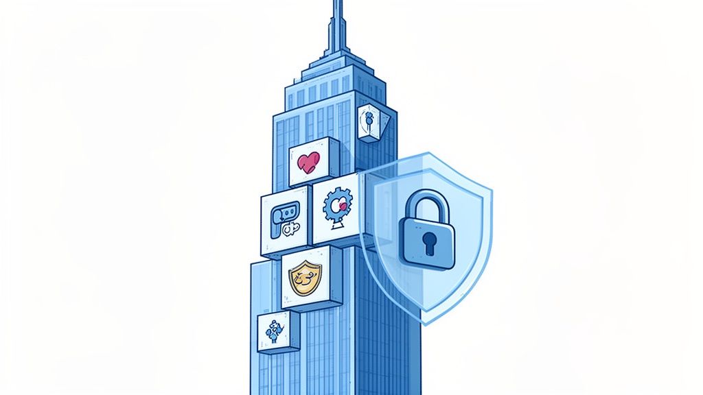 Illustration of a building with various data elements, secured by a prominent shield and padlock.