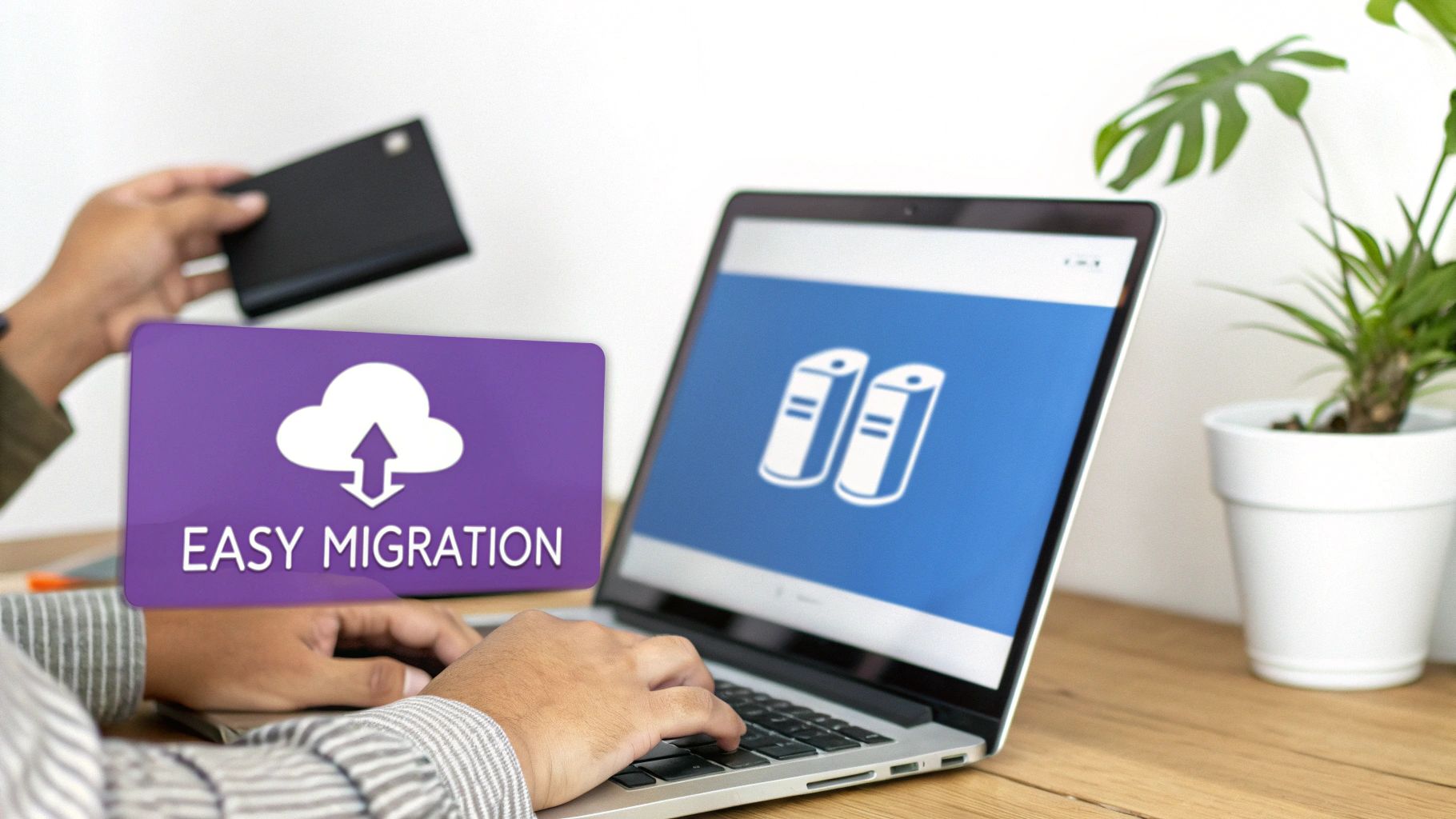 Person's hands on a laptop displaying 'Easy Migration' cloud icon; another hand holds a portable hard drive.