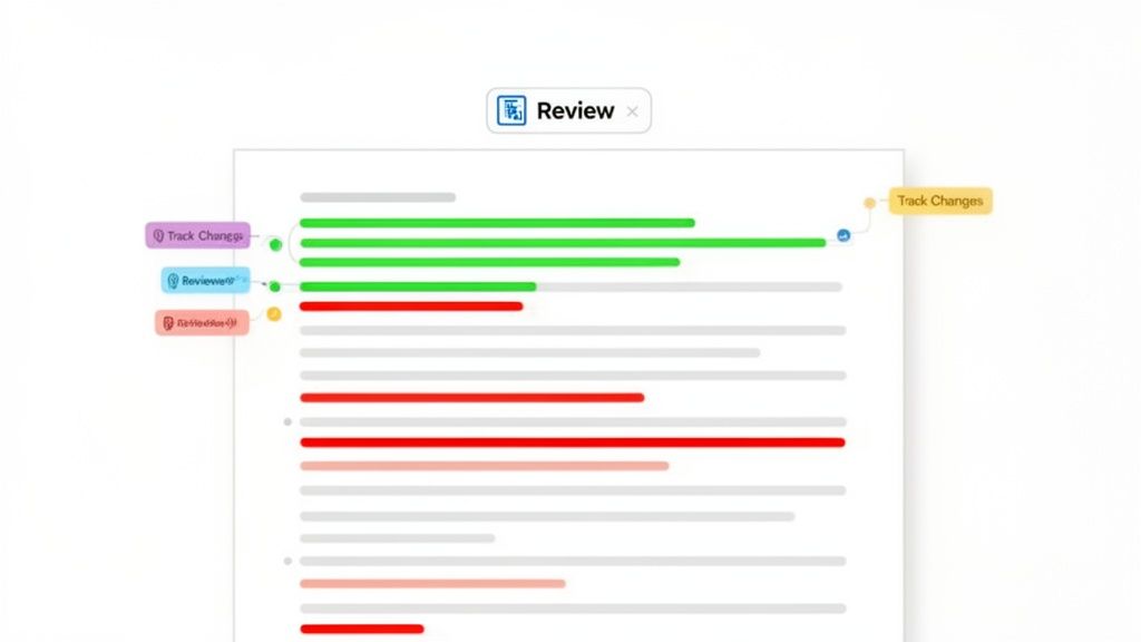 A digital document displaying tracked changes and review comments with red, green, and grey lines.