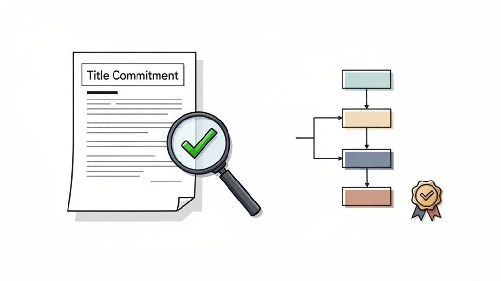A title commitment document is reviewed by a magnifying glass, followed by a process flowchart and a certification badge.