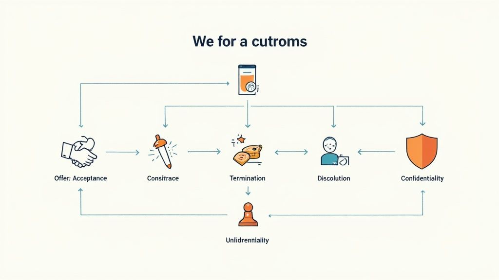 A business process diagram illustrating key stages of a contract from offer to termination and confidentiality.