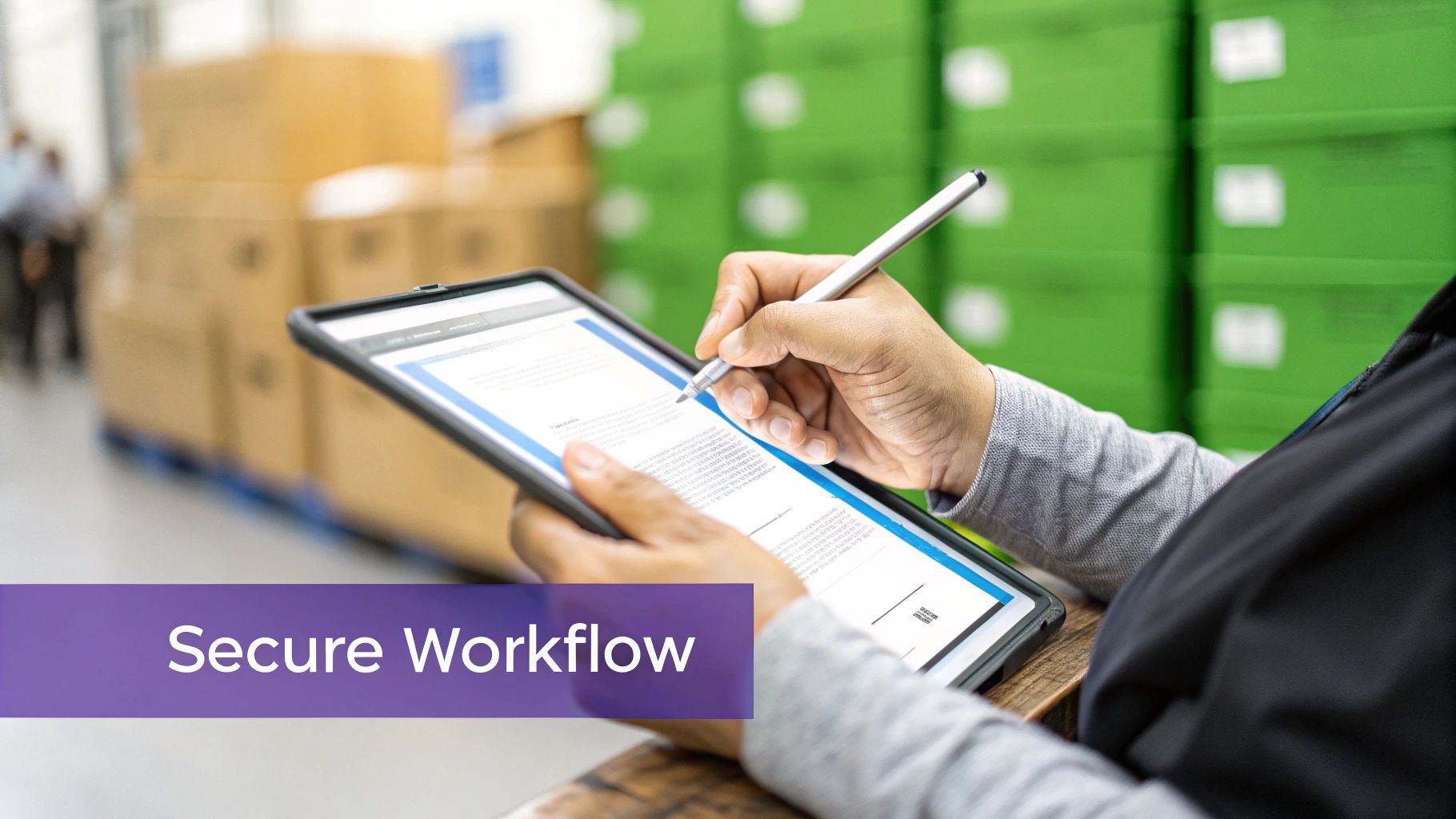 Hands using a stylus on a tablet to digitally sign a document in a warehouse setting, illustrating a secure workflow.
