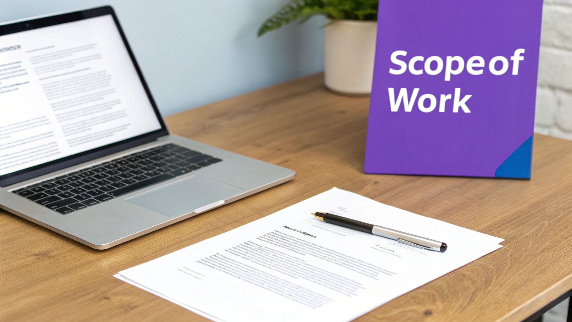 A wooden desk with a laptop, a document, a pen, and a 'Scope of Work' sign.