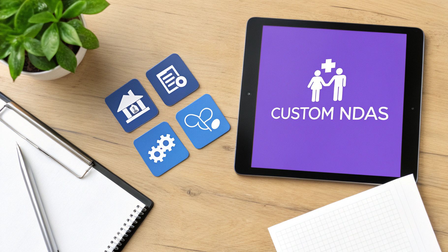 Overhead view of a wooden desk with a tablet showing 'CUSTOM NDAS' and four blue application icons.