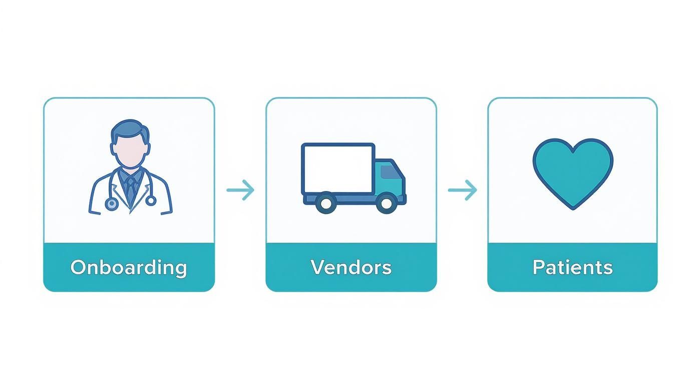 An infographic showing the process flow for contract management in healthcare, covering physician onboarding, vendor management, and patient intake.