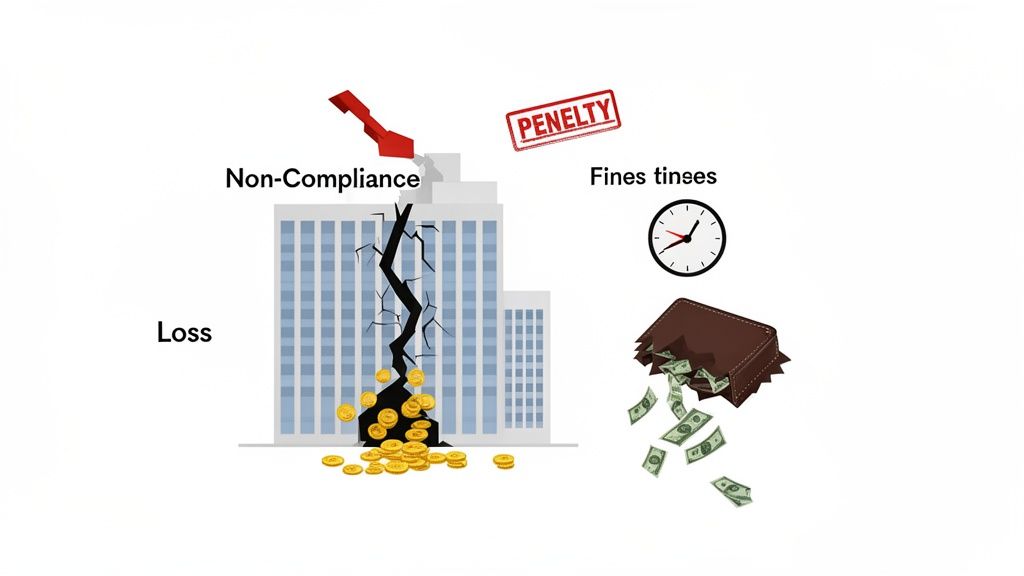 Non-compliance leads to financial loss, with a cracked building spilling money, penalty stamp, clock, and wallet losing cash.