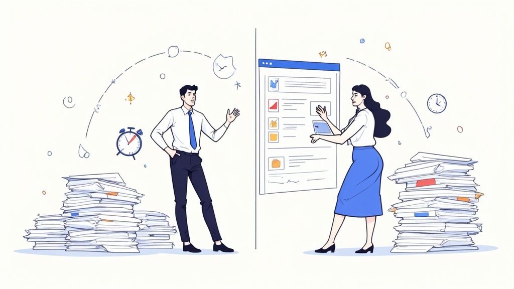 A man with piles of paper and an alarm clock contrasts with a woman using a digital screen, symbolizing digital transformation.