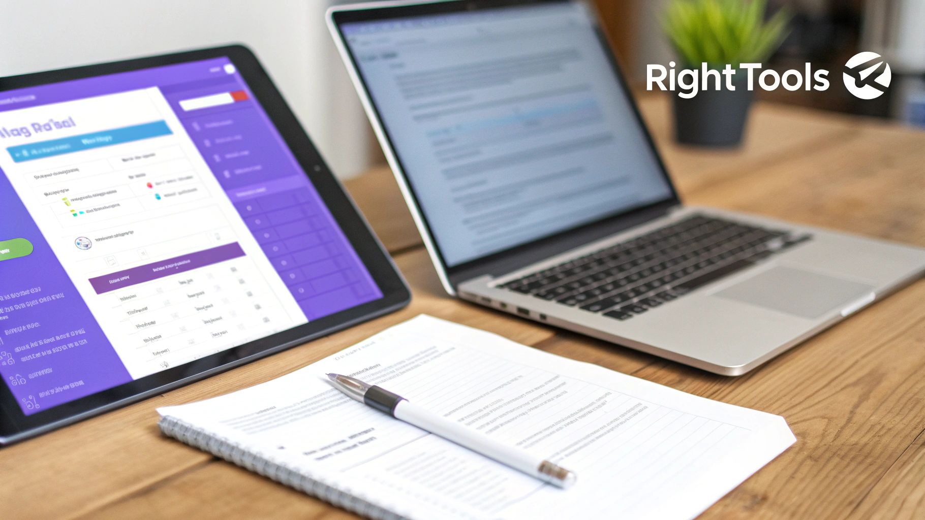A professional workspace featuring a tablet, laptop, notebook, and pen on a wooden desk, emphasizing digital and physical tools.