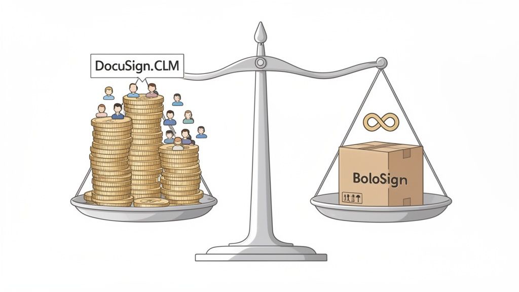 A balance scale comparing DocuSign CLM (heavy with coins and people) and BoloSign (light box, infinity symbol).