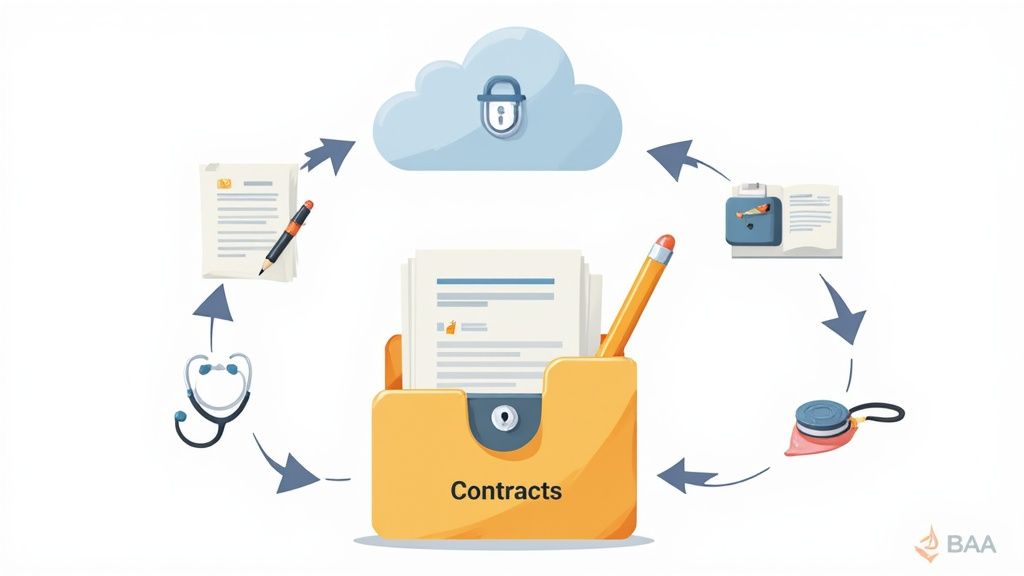 A magnifying glass hovering over a digital contract on a screen, highlighting key clauses and features, representing a deep dive into software capabilities.